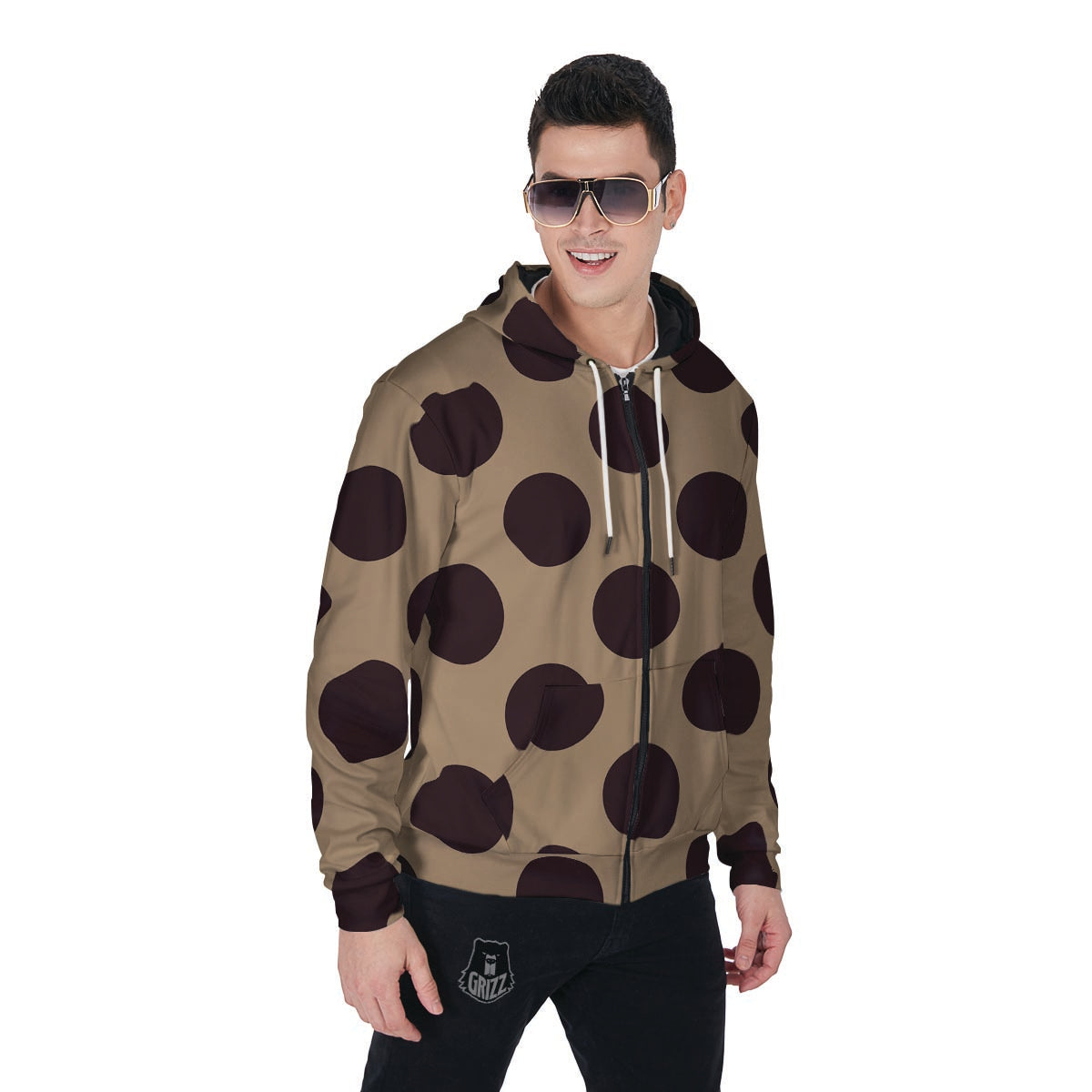 Tan And Black Polka Dot Men's Zip Up Hoodie-grizzshop