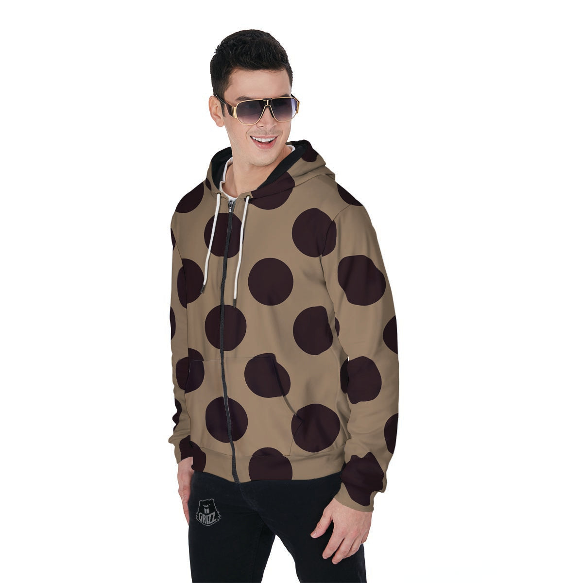 Tan And Black Polka Dot Men's Zip Up Hoodie-grizzshop