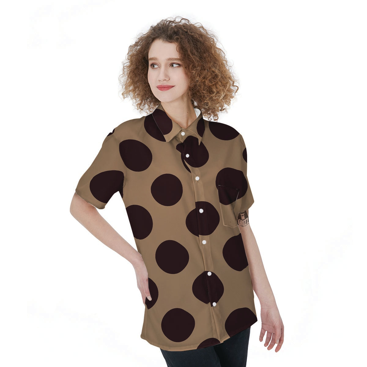 Tan And Black Polka Dot Women's Short Sleeve Shirts-grizzshop