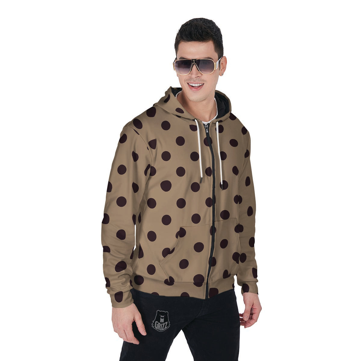 Tan And Black Tiny Polka Dot Men's Zip Up Hoodie-grizzshop