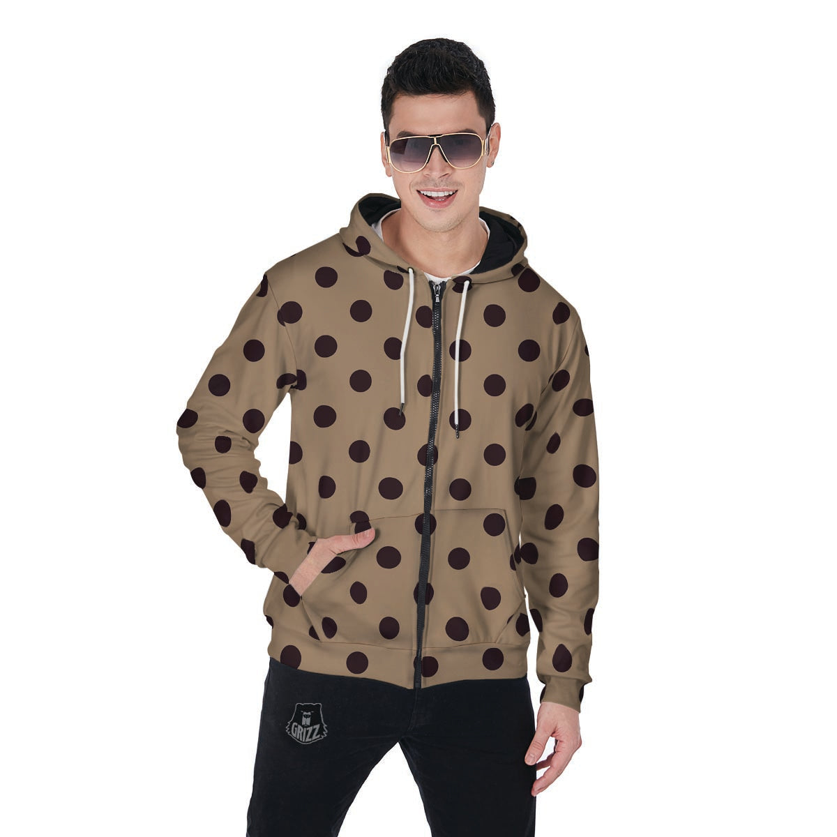 Tan And Black Tiny Polka Dot Men's Zip Up Hoodie-grizzshop