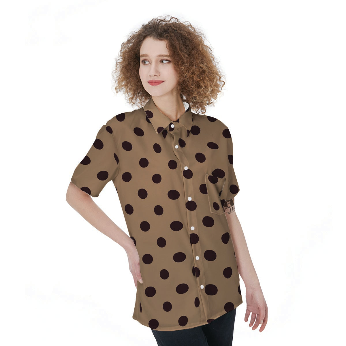 Tan And Black Tiny Polka Dot Women's Short Sleeve Shirts-grizzshop