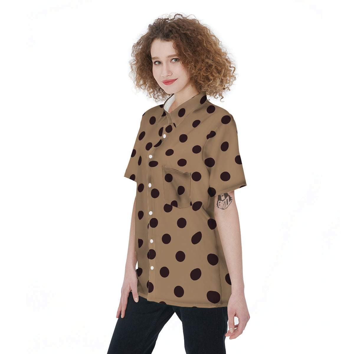 Tan And Black Tiny Polka Dot Women's Short Sleeve Shirts-grizzshop