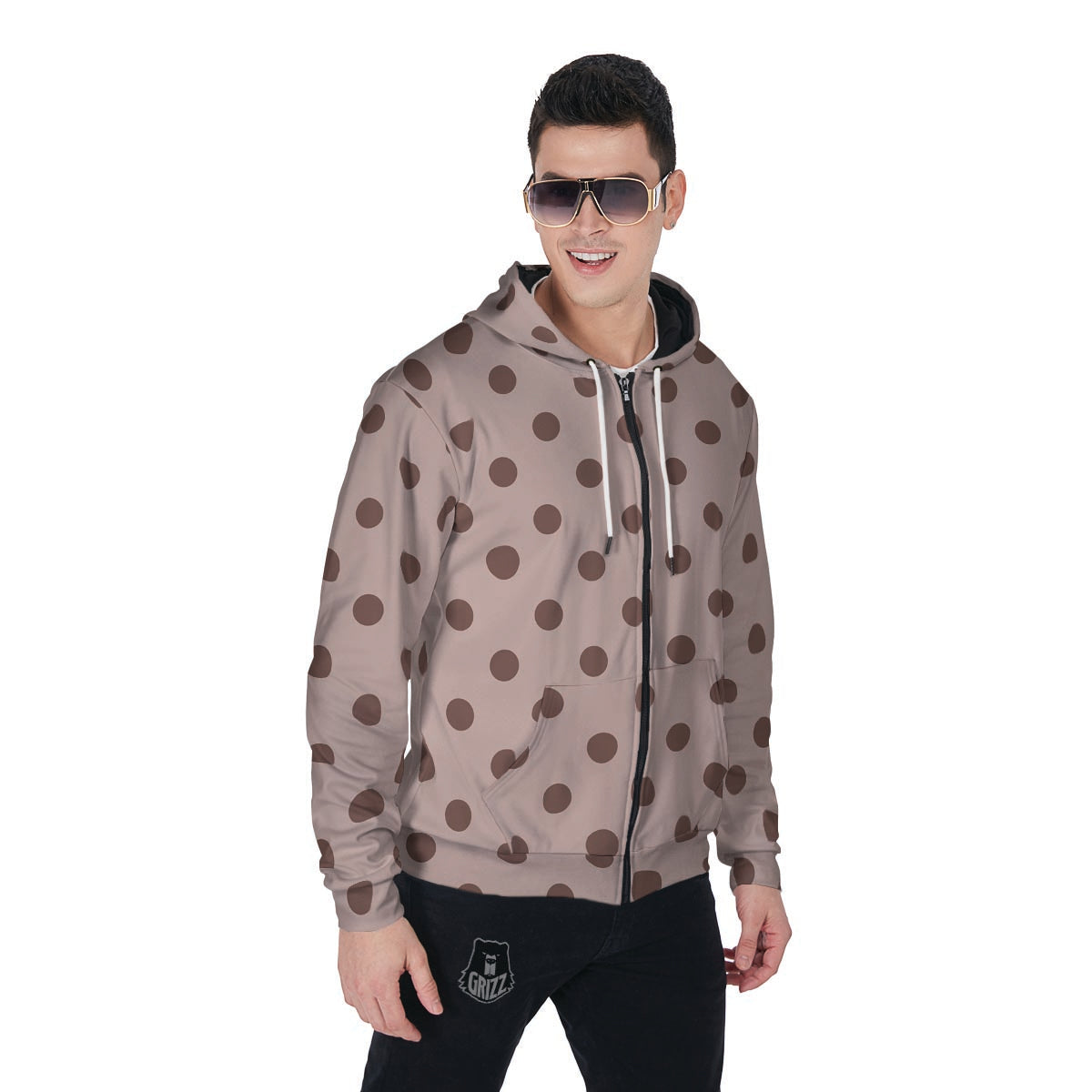 Tan And Brown Polka Dot Men's Zip Up Hoodie-grizzshop