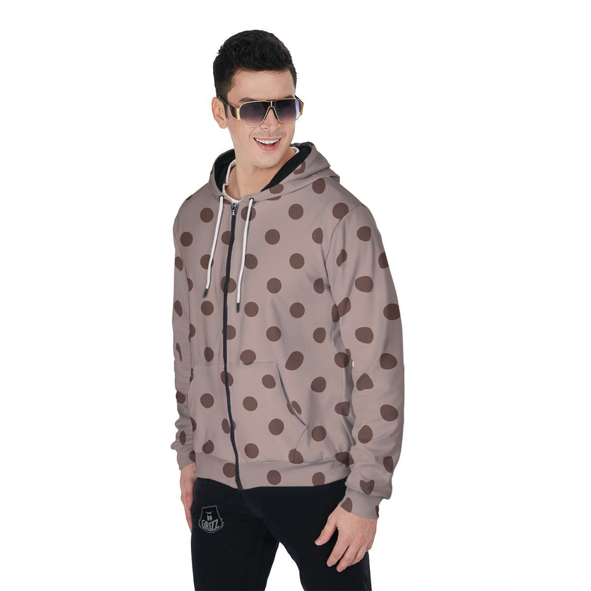 Tan And Brown Polka Dot Men's Zip Up Hoodie-grizzshop