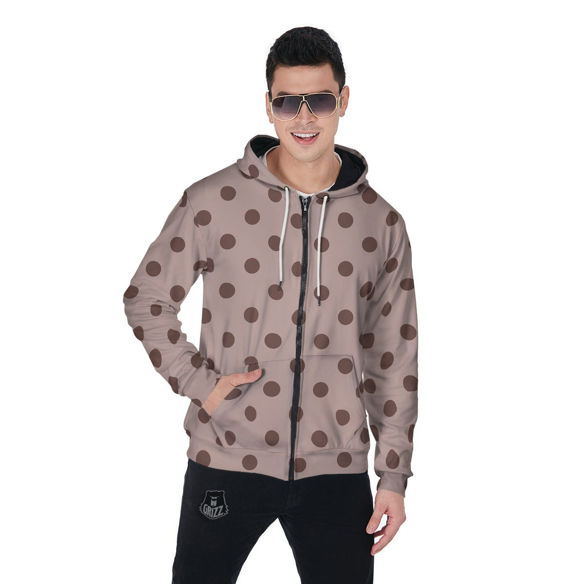 Tan And Brown Polka Dot Men's Zip Up Hoodie-grizzshop