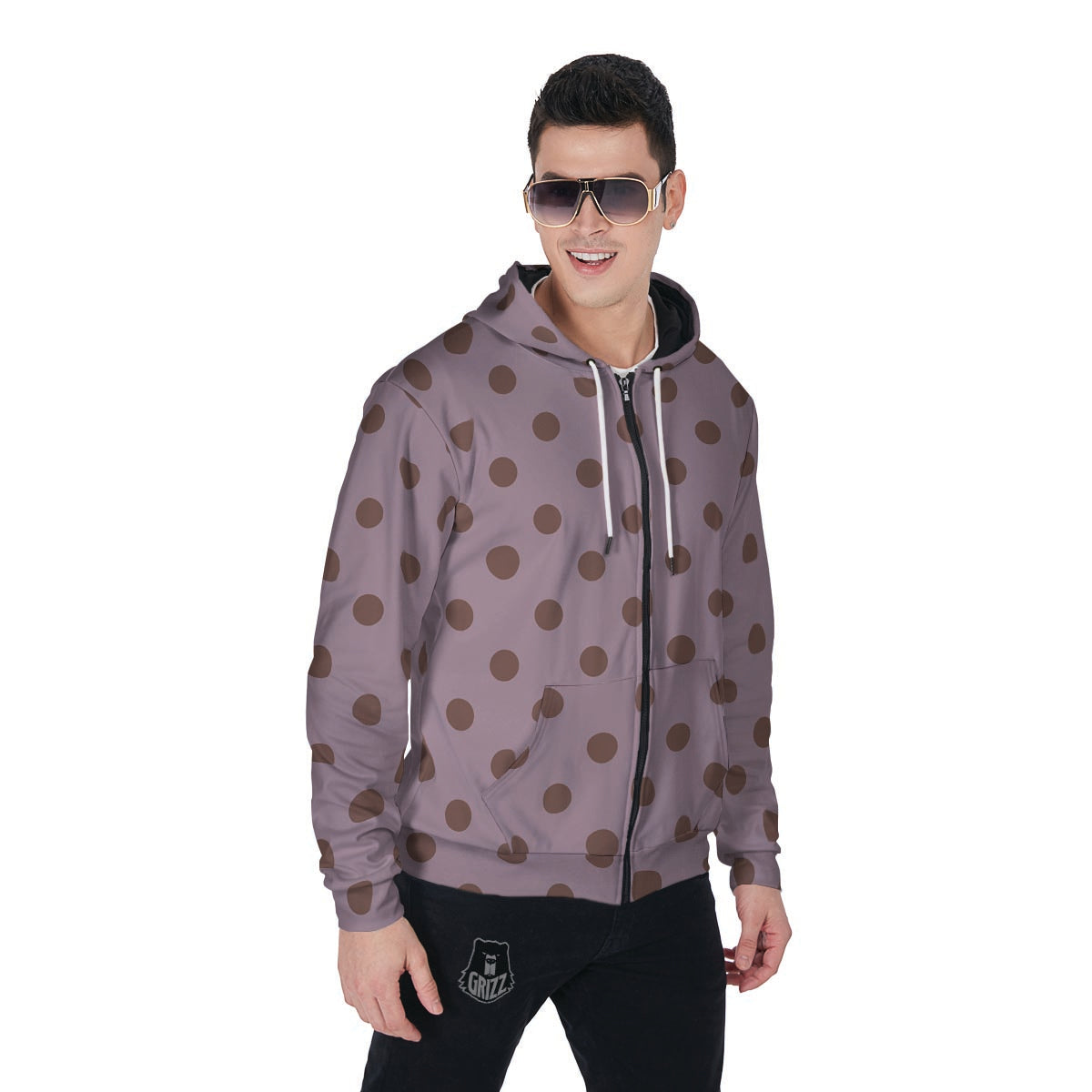 Tan And Brown Tiny Polka Dot Men's Zip Up Hoodie-grizzshop