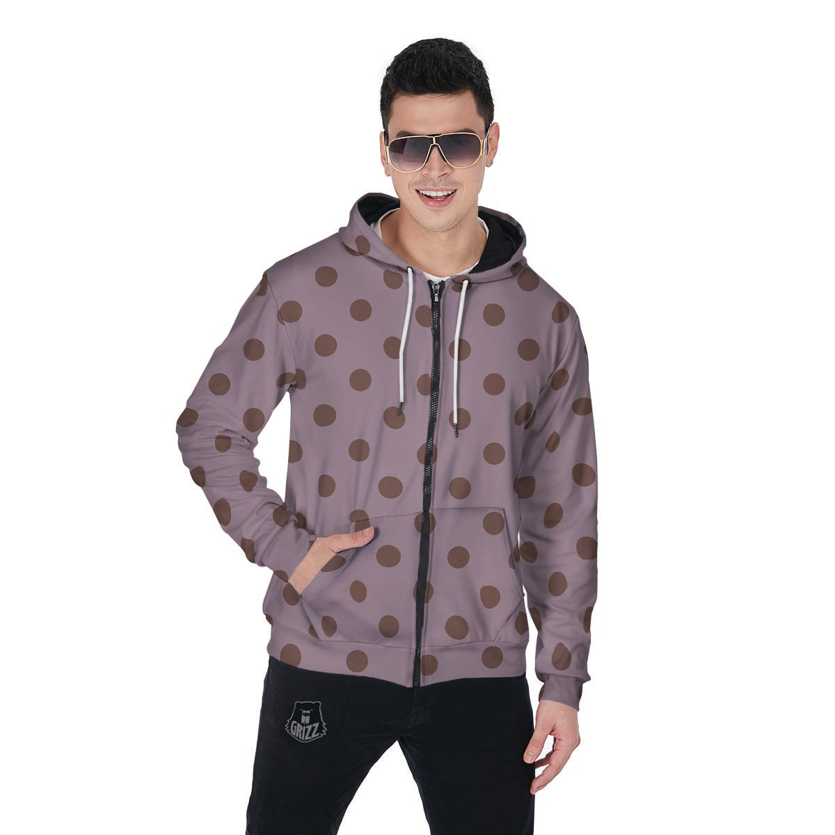 Tan And Brown Tiny Polka Dot Men's Zip Up Hoodie-grizzshop