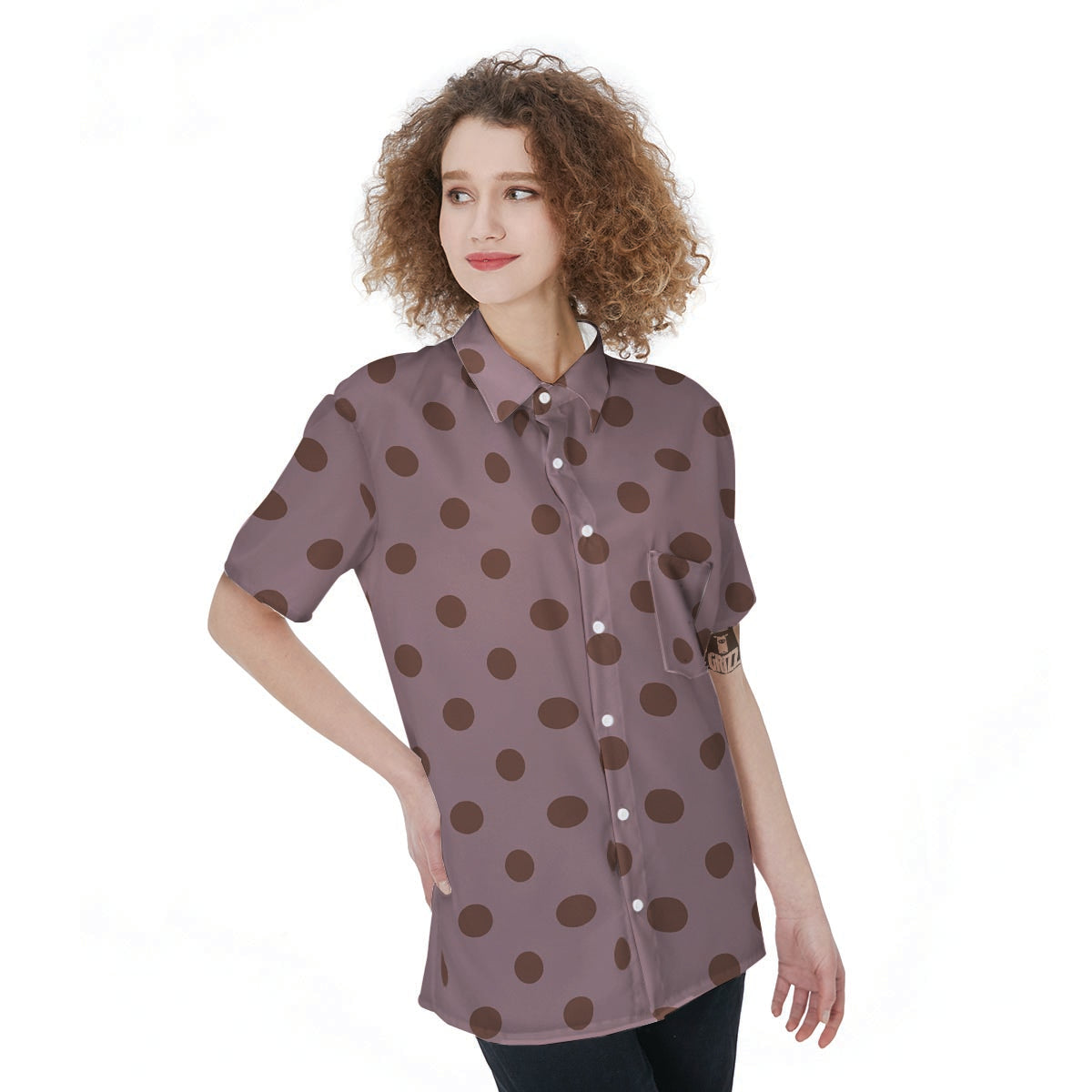 Tan And Brown Tiny Polka Dot Women's Short Sleeve Shirts-grizzshop