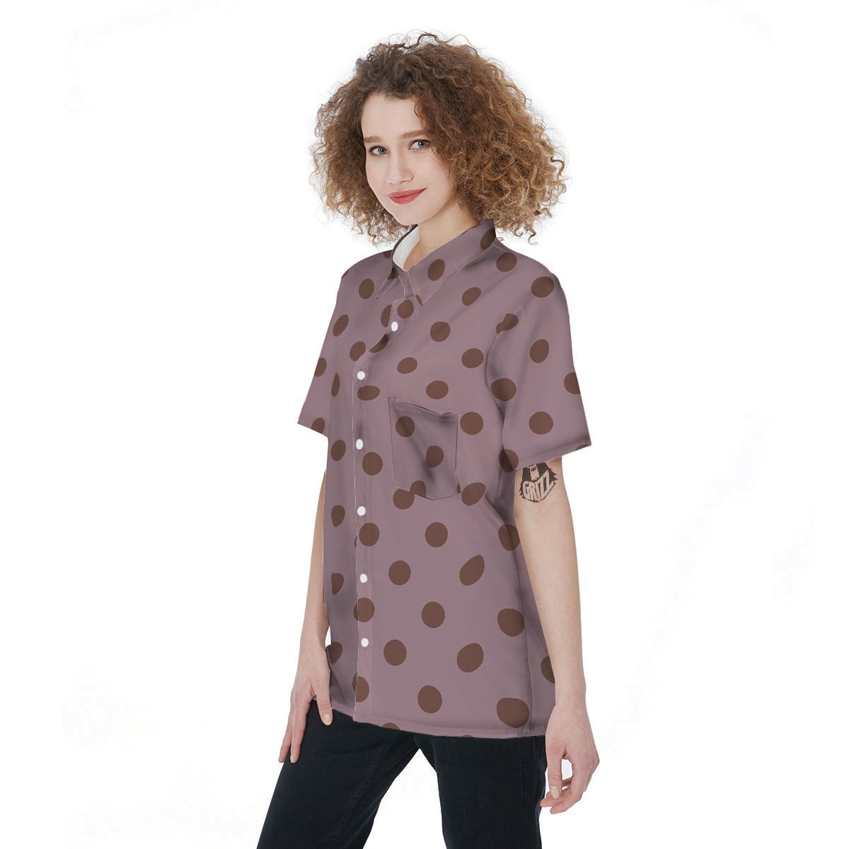 Tan And Brown Tiny Polka Dot Women's Short Sleeve Shirts-grizzshop