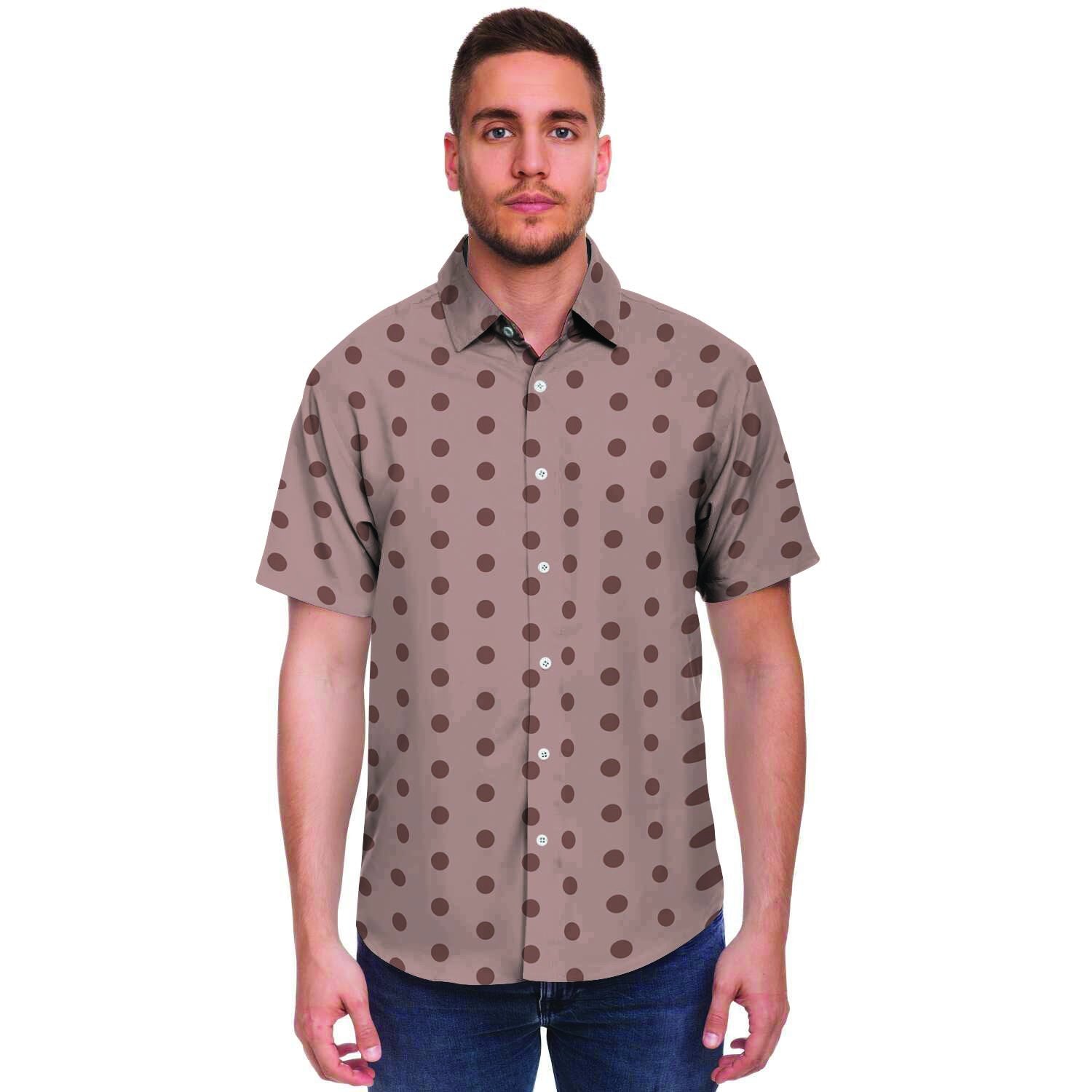 Tan Brown Polka Dot Men's Short Sleeve Shirt-grizzshop