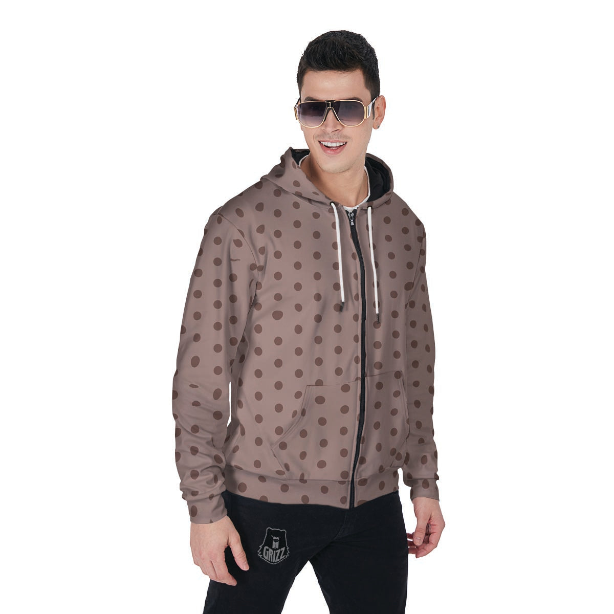 Tan Brown Polka Dot Men's Zip Up Hoodie-grizzshop