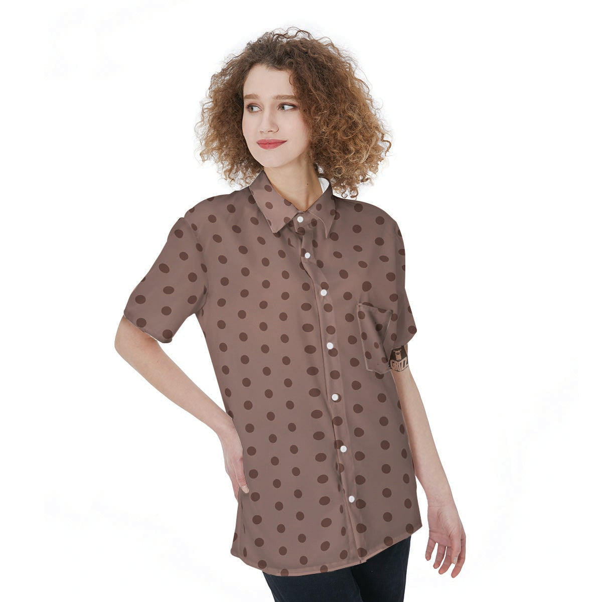 Tan Brown Polka Dot Women's Short Sleeve Shirts-grizzshop
