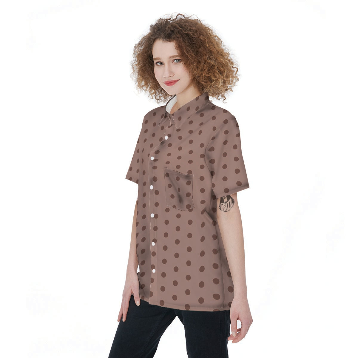 Tan Brown Polka Dot Women's Short Sleeve Shirts-grizzshop