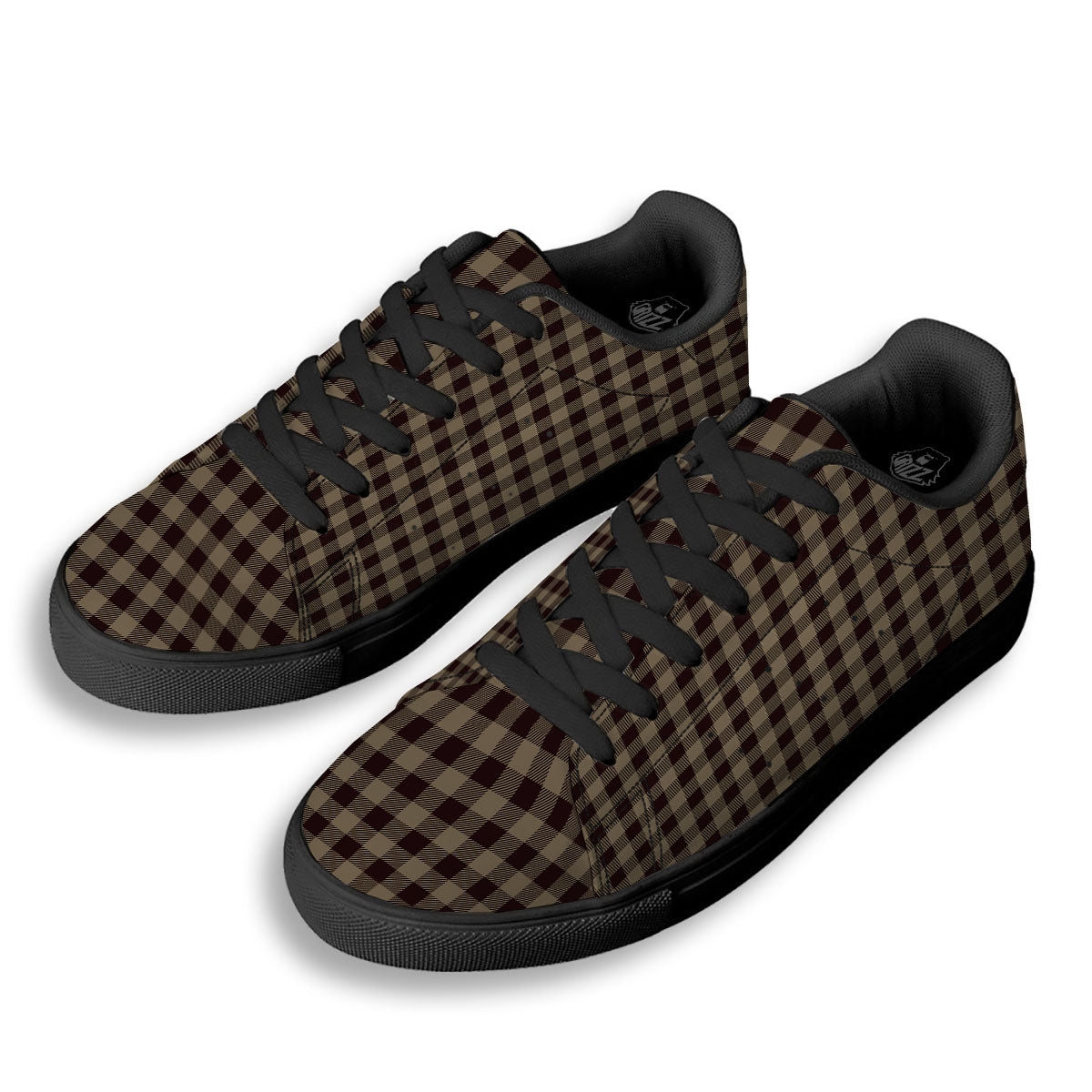 Tan Dark And Black Check Print Pattern Black Low Top Sneakers-grizzshop