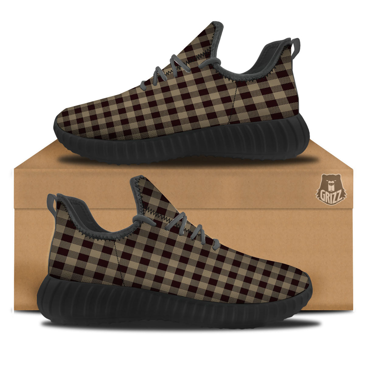 Tan Dark And Black Check Print Pattern Black Walking Shoes-grizzshop
