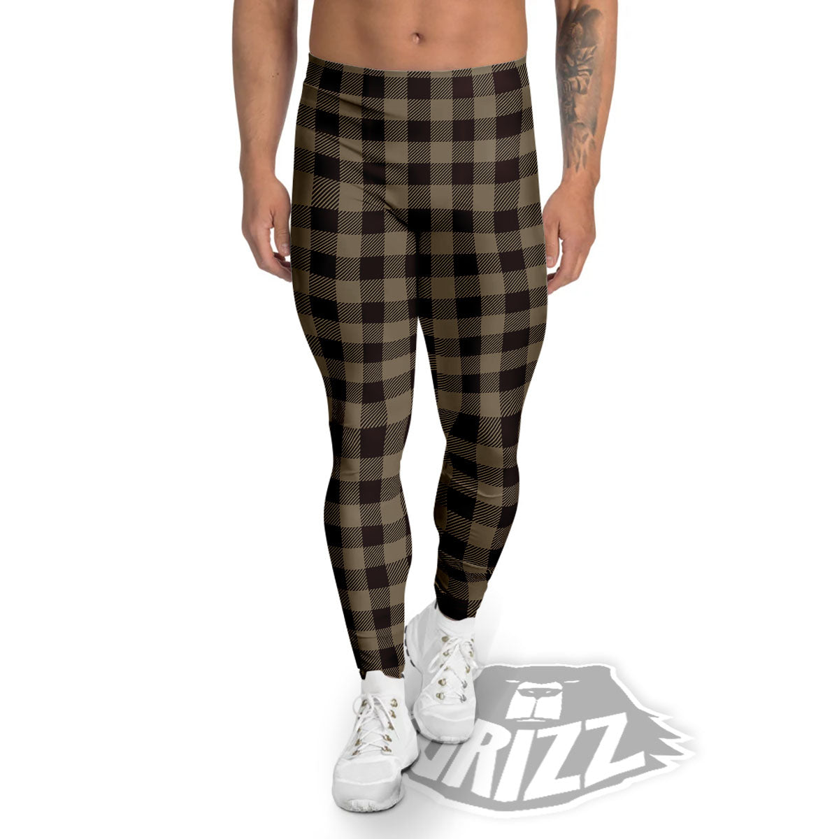 Tan Dark And Black Check Print Pattern Men's Leggings-grizzshop