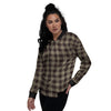 Tan Dark And Black Check Print Pattern Women's Bomber Jacket-grizzshop