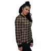 Tan Dark And Black Check Print Pattern Women's Bomber Jacket-grizzshop