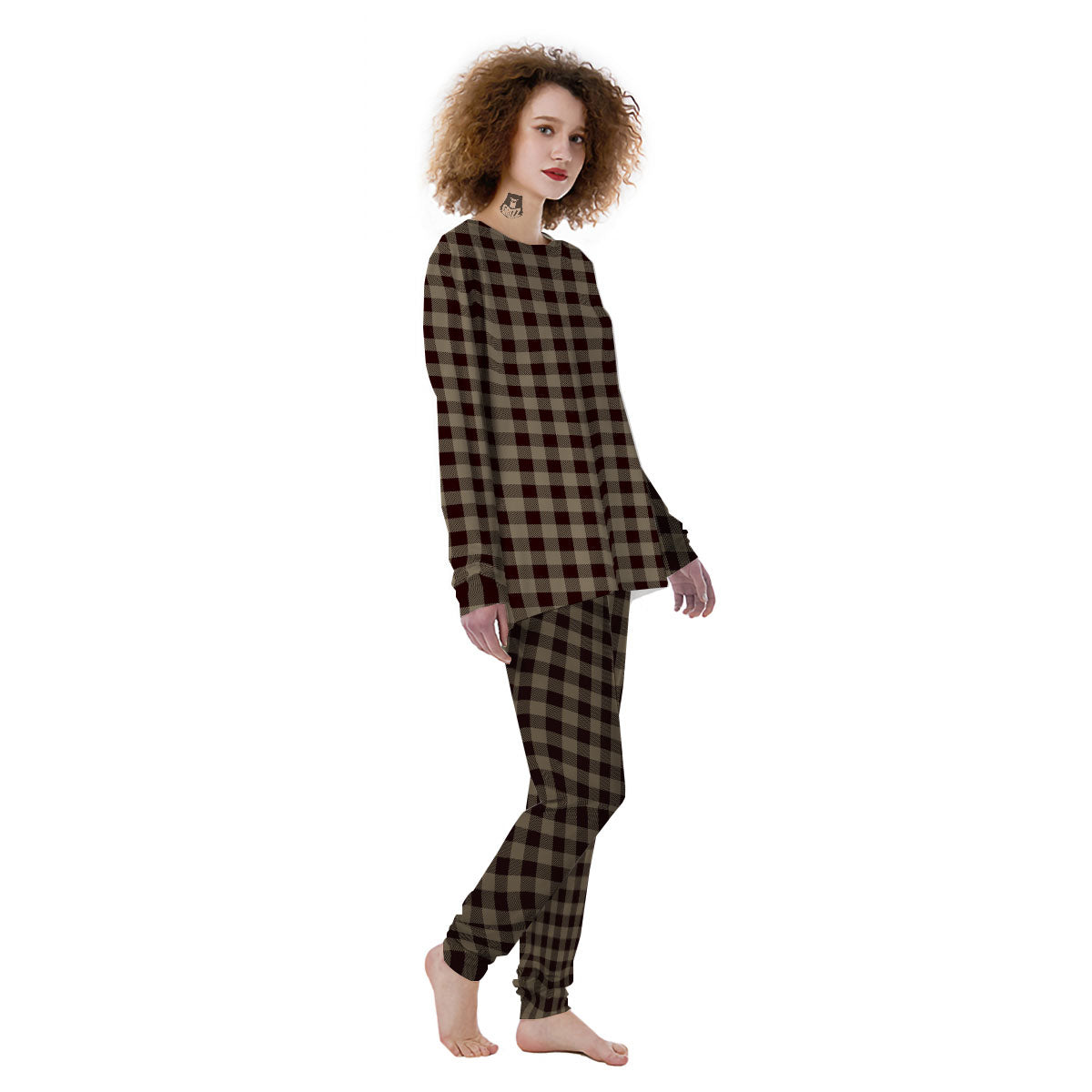 Tan Dark And Black Check Print Pattern Women's Pajamas-grizzshop