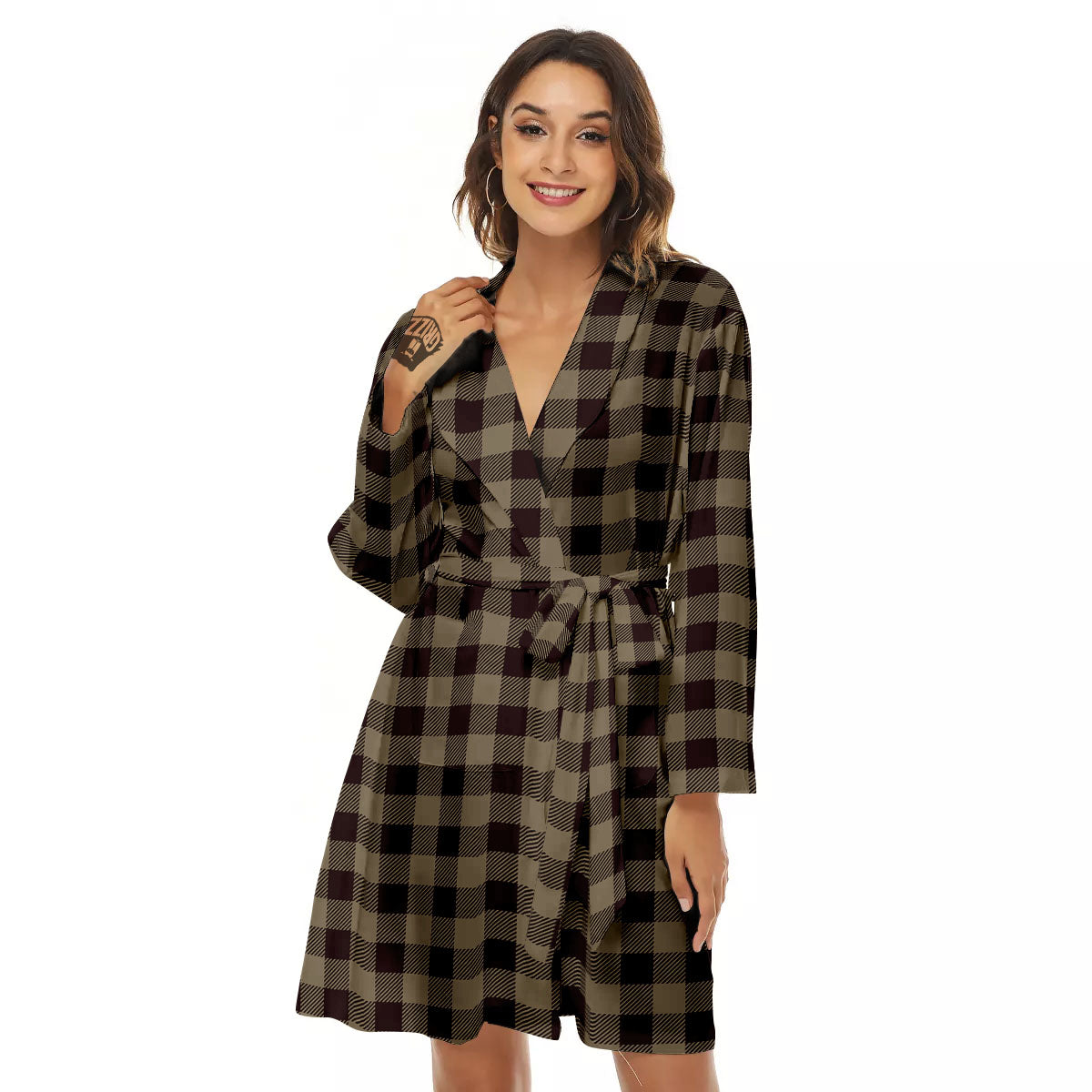 Tan Dark And Black Check Print Pattern Women's Robe-grizzshop