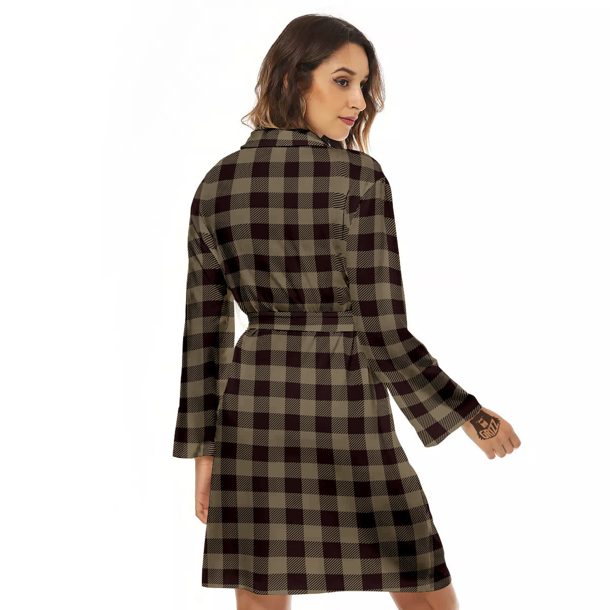 Tan Dark And Black Check Print Pattern Women's Robe-grizzshop