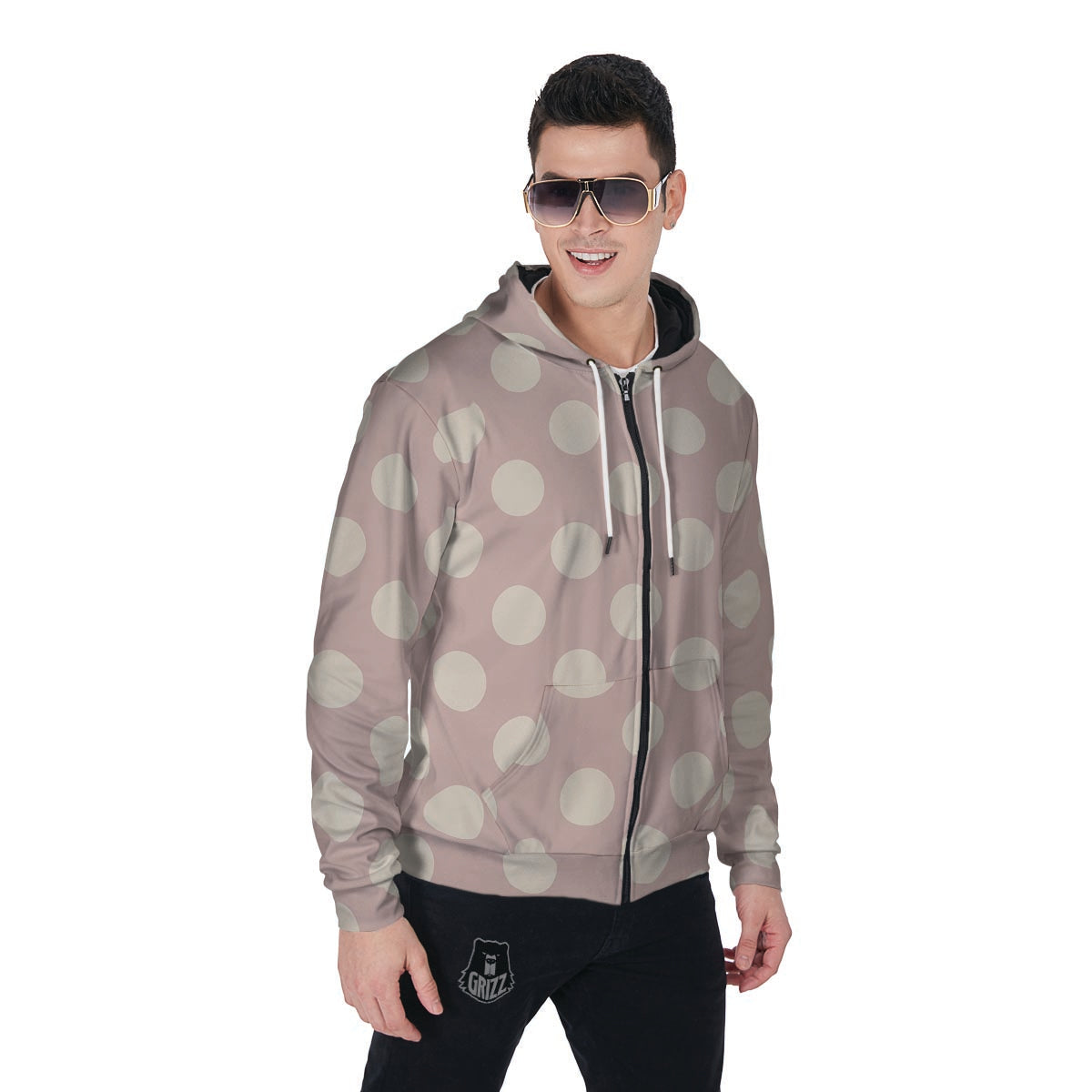Tan Polka Dot Men's Zip Up Hoodie-grizzshop