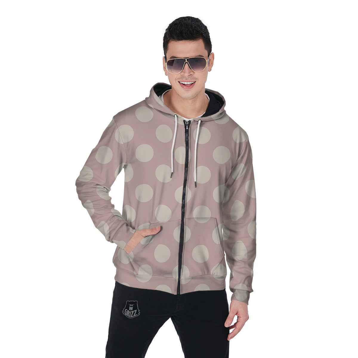 Tan Polka Dot Men's Zip Up Hoodie-grizzshop