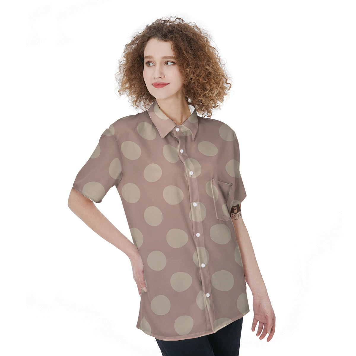 Tan Polka Dot Women's Short Sleeve Shirts-grizzshop