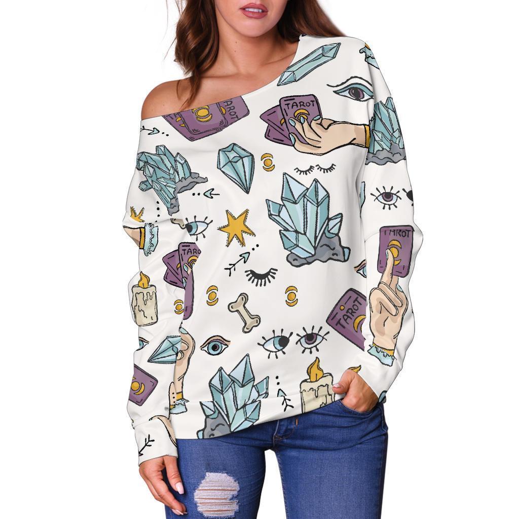Tarot Pattern Print Women Off Shoulder Sweatshirt-grizzshop