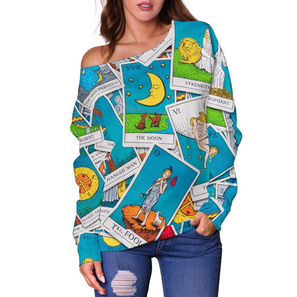 Tarot Print Pattern Women Off Shoulder Sweatshirt-grizzshop