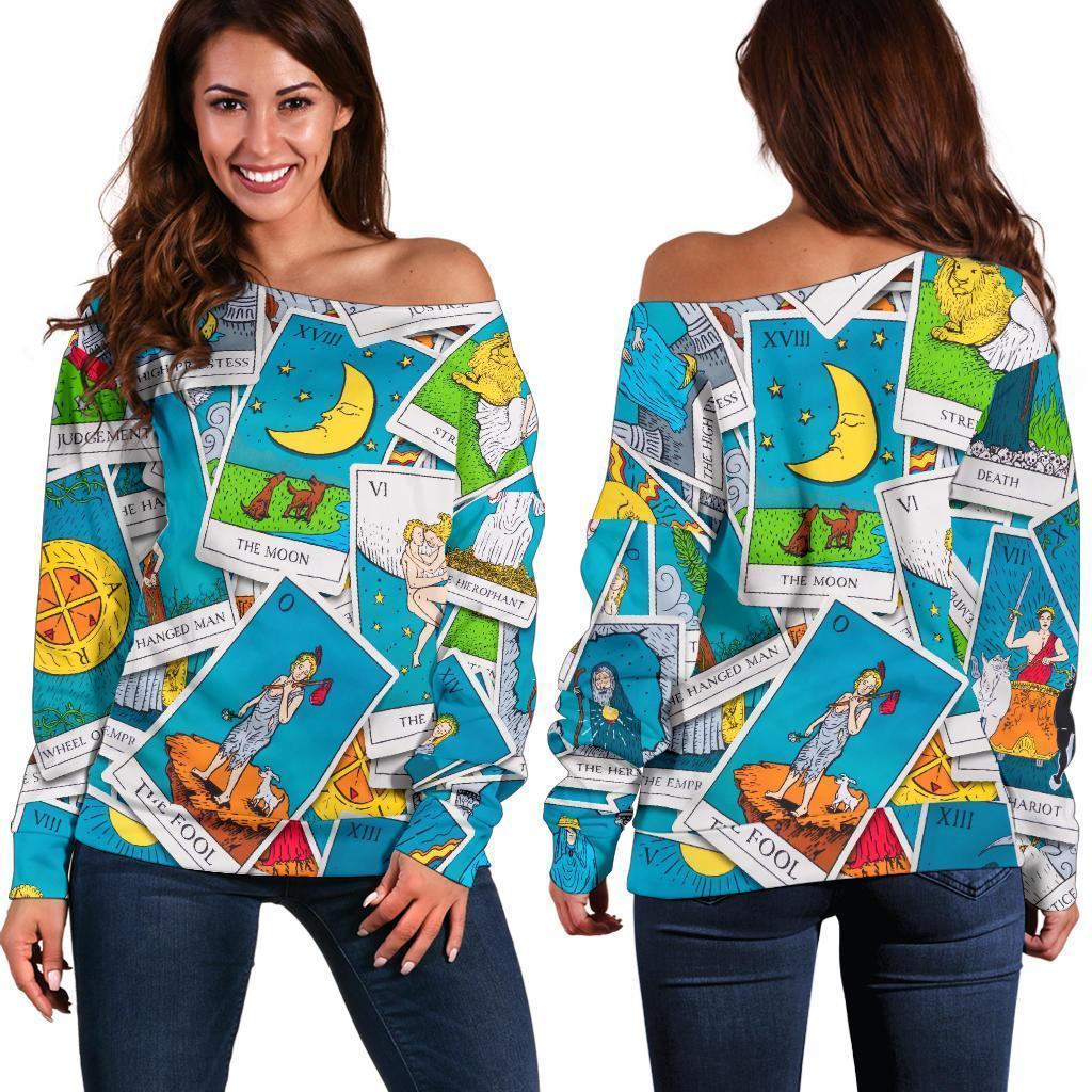 Tarot Print Pattern Women Off Shoulder Sweatshirt-grizzshop