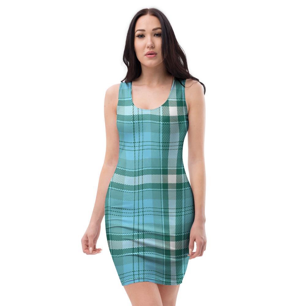 Tartan Aqua Blue Plaid Bodycon Dress-grizzshop