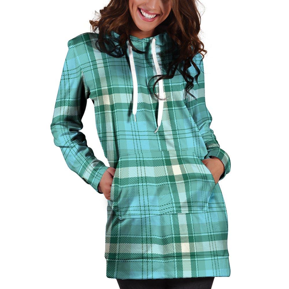 Tartan Aqua Blue Plaid Hoodie Dress-grizzshop