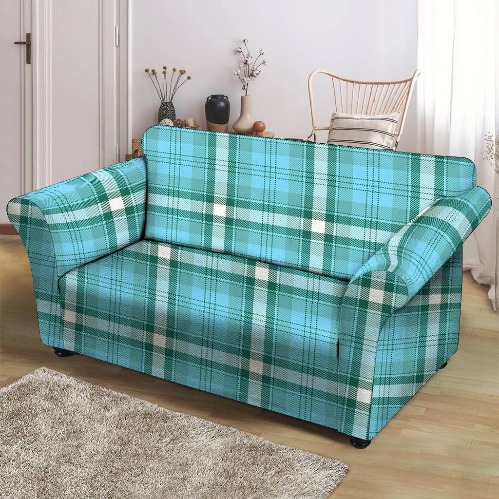 Tartan Aqua Blue Plaid Loveseat Cover-grizzshop