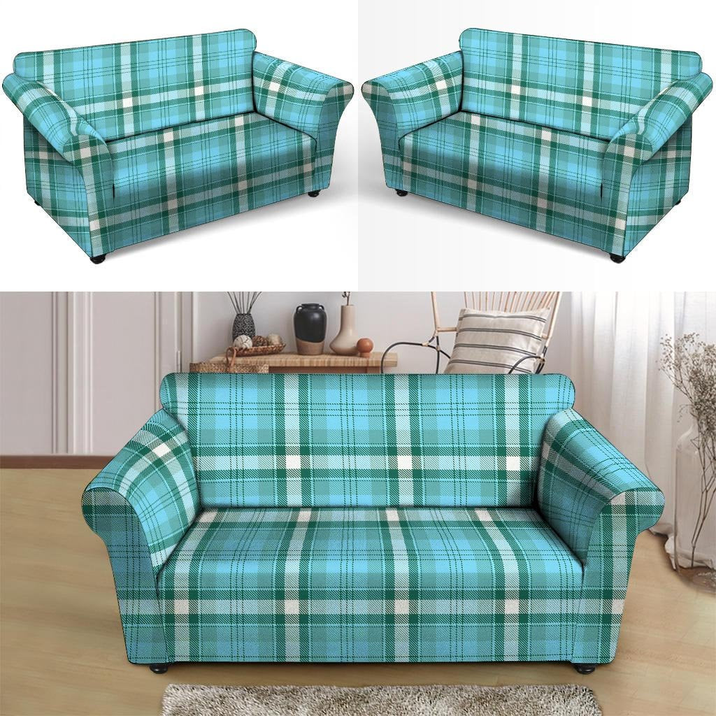 Tartan Aqua Blue Plaid Loveseat Cover-grizzshop