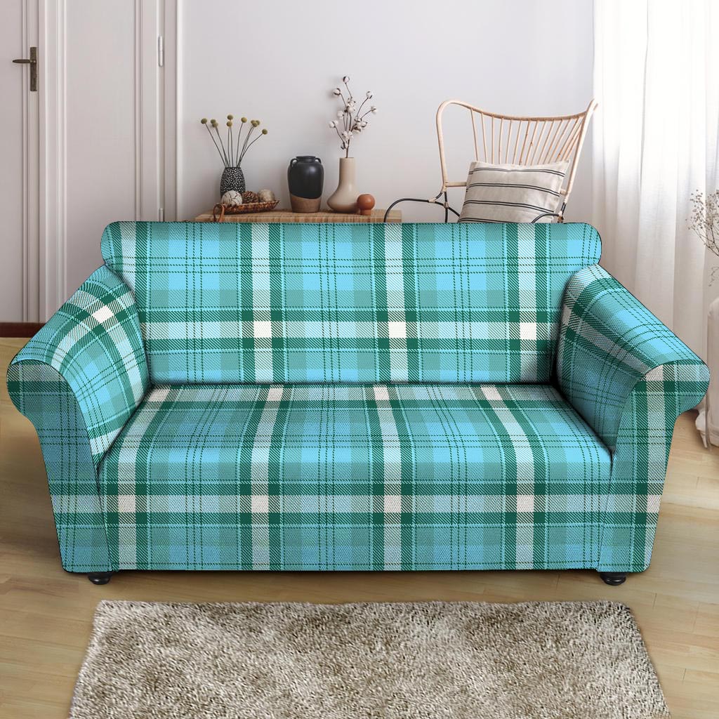 Tartan Aqua Blue Plaid Loveseat Cover-grizzshop