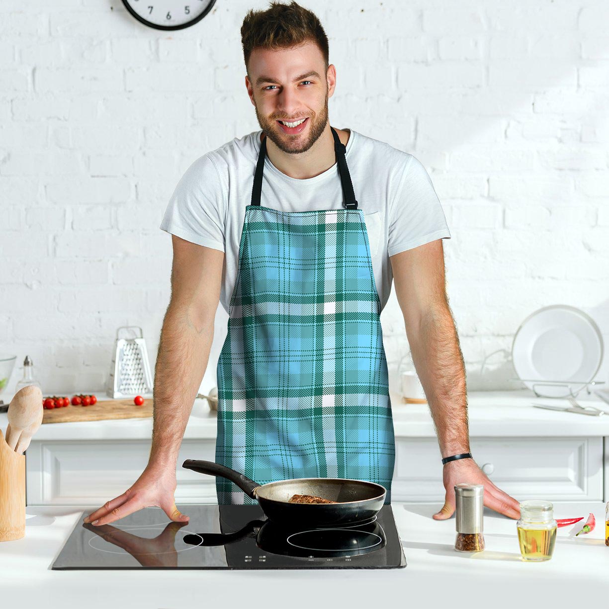 Tartan Aqua Blue Plaid Men's Apron-grizzshop