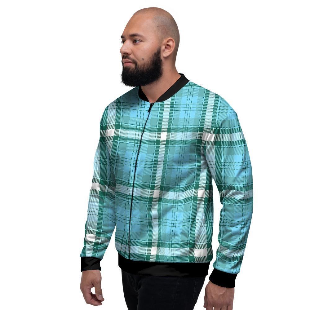 Tartan Aqua Blue Plaid Men's Bomber Jacket-grizzshop