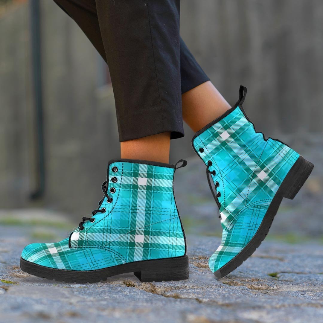 Tartan Aqua Blue Plaid Men's Boots-grizzshop