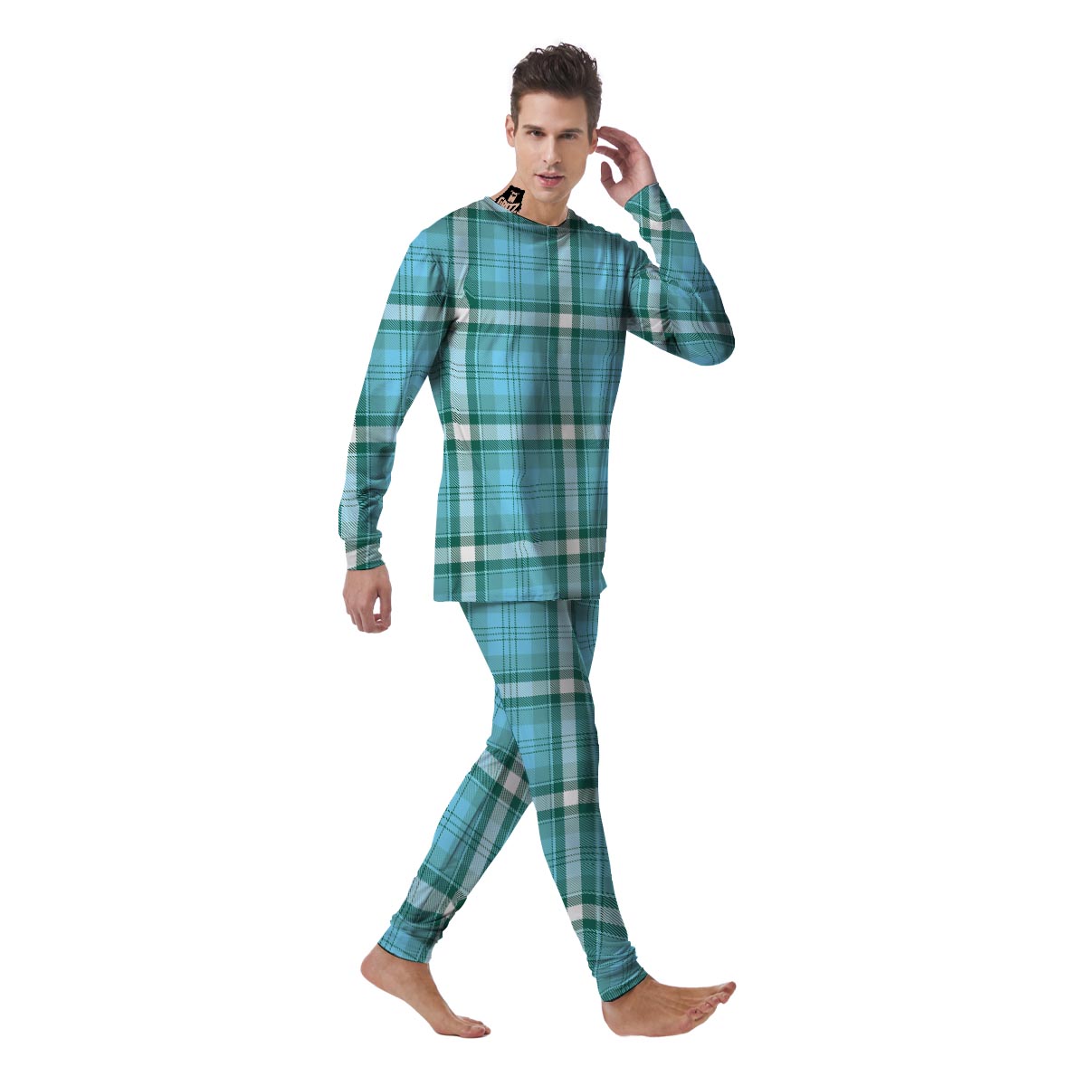 Tartan Aqua Blue Plaid Men's Pajamas-grizzshop