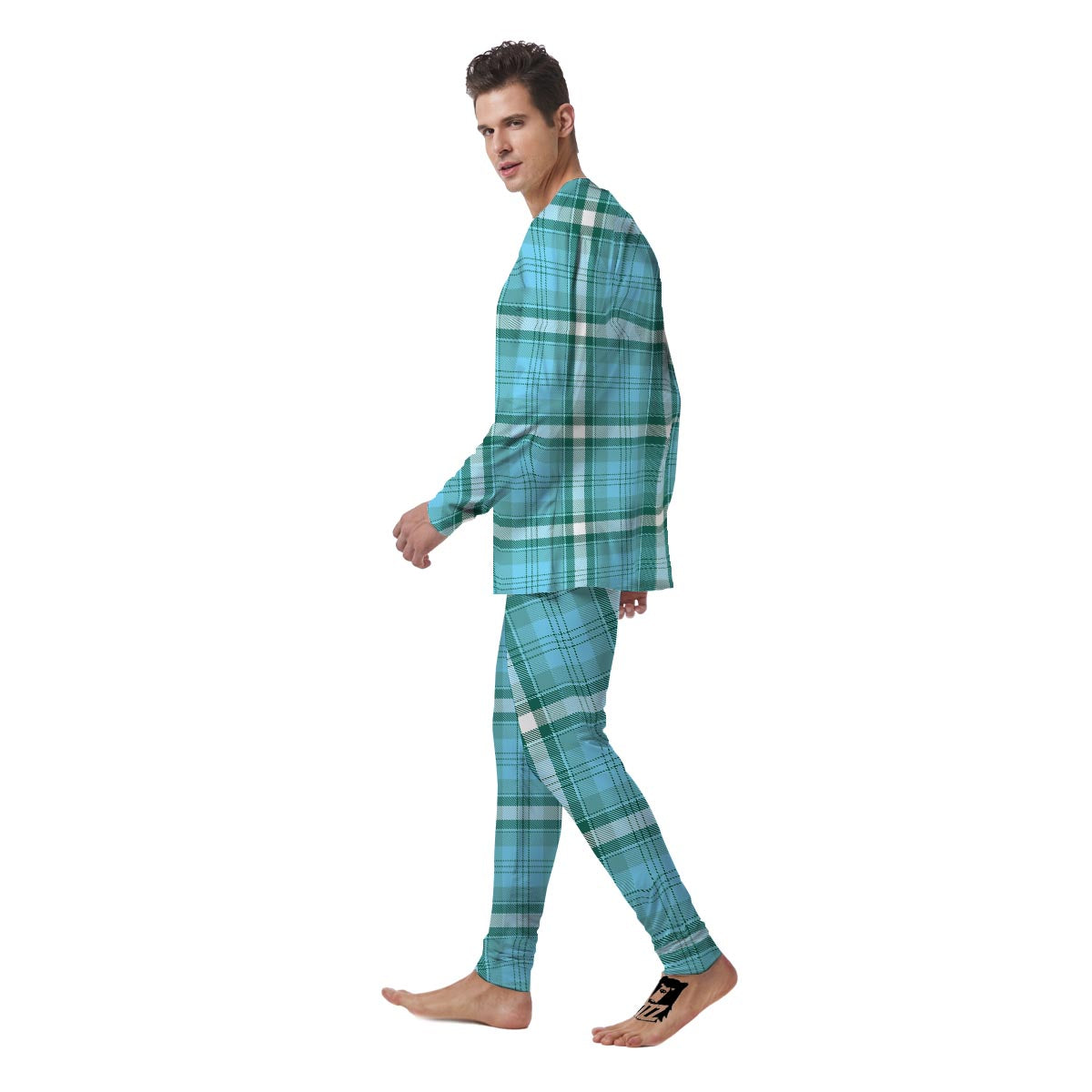 Tartan Aqua Blue Plaid Men's Pajamas-grizzshop