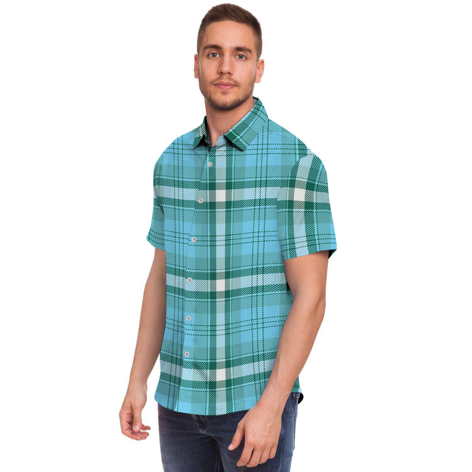 Tartan Aqua Blue Plaid Men's Short Sleeve Shirt-grizzshop