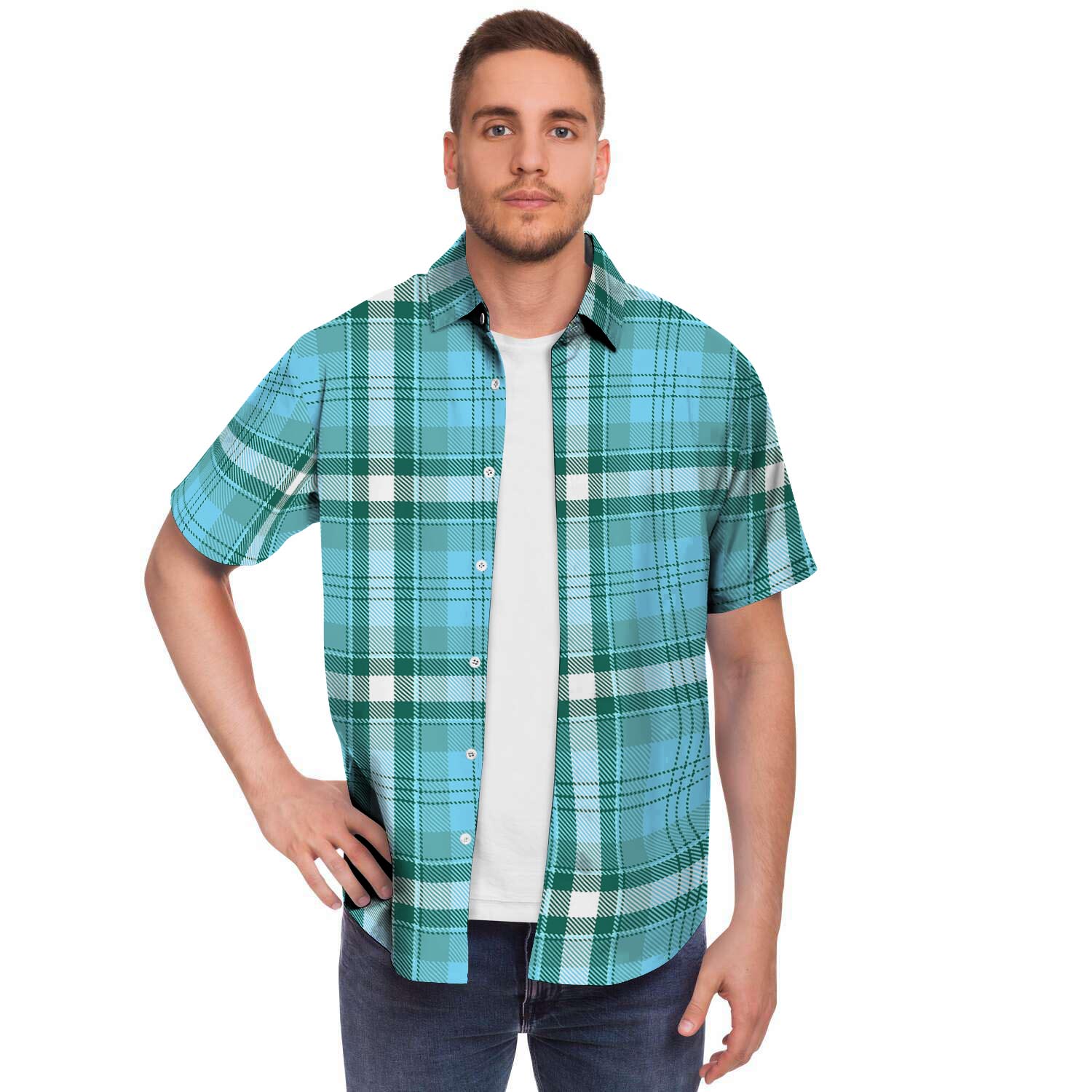 Tartan Aqua Blue Plaid Men's Short Sleeve Shirt-grizzshop