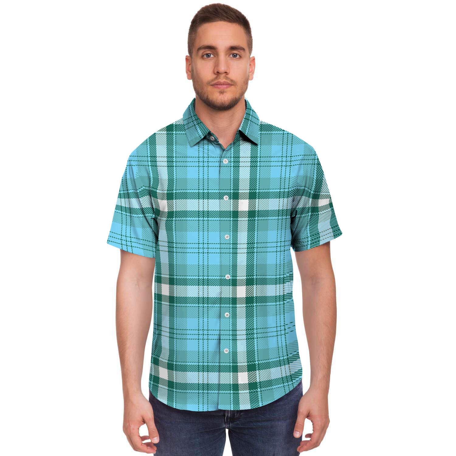 Tartan Aqua Blue Plaid Men's Short Sleeve Shirt-grizzshop