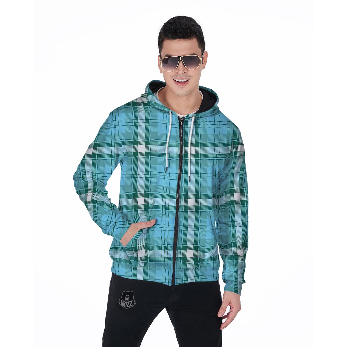 Tartan Aqua Blue Plaid Men's Zip Up Hoodie-grizzshop
