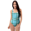 Tartan Aqua Blue Plaid One Piece Swimsuite-grizzshop