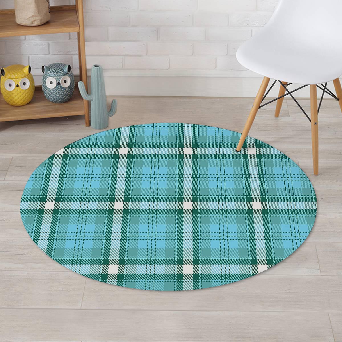 Tartan Aqua Blue Plaid Round Rug-grizzshop