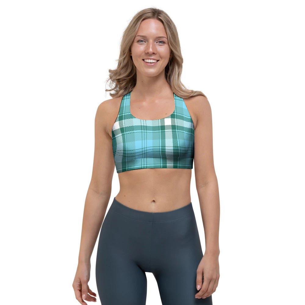 Tartan Aqua Blue Plaid Sports Bra-grizzshop