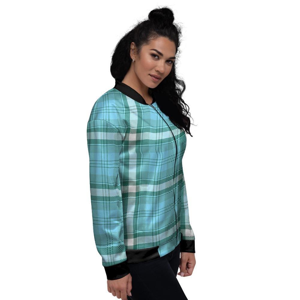 Tartan Aqua Blue Plaid Women's Bomber Jacket-grizzshop